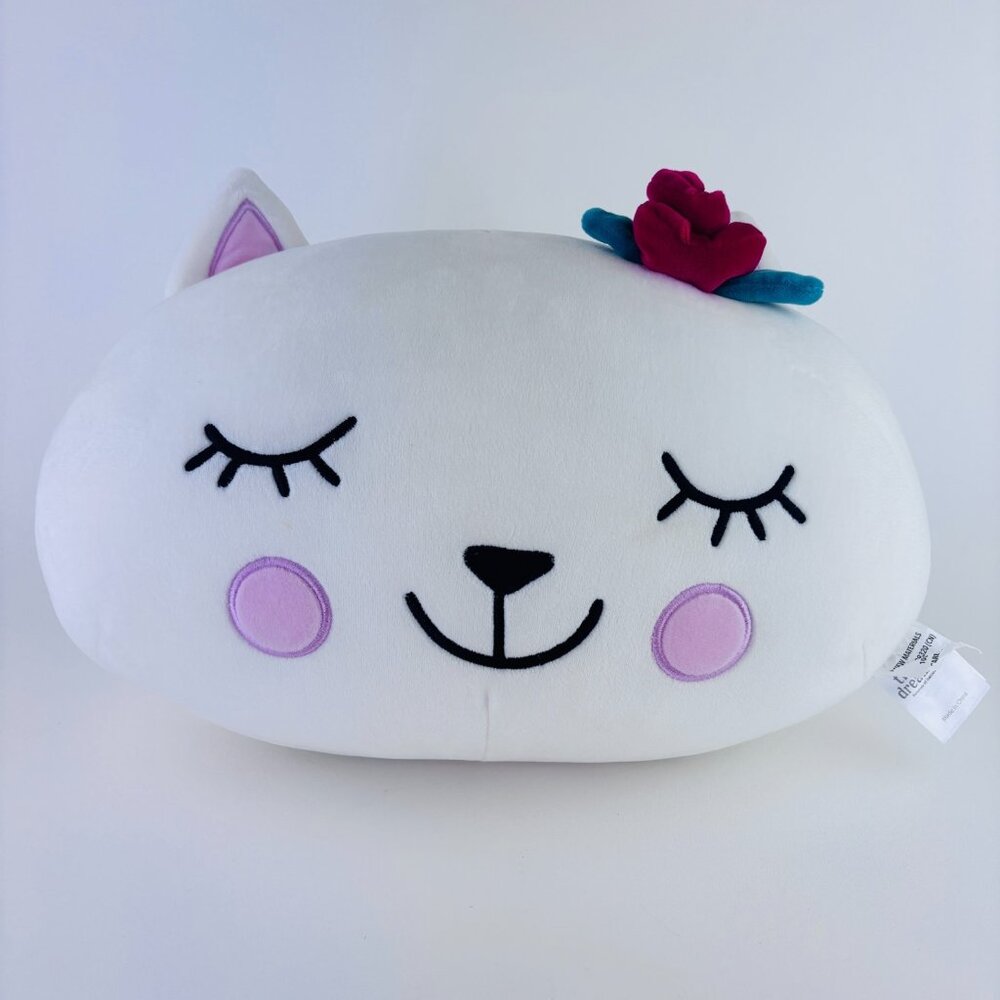 Tiny Dreamers 14" Plush White Cat Pillow Stuffed Animal White with Rose